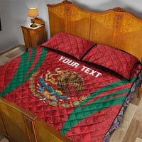 Red quilt bed set with green diagonal stripes and black trim; eagle graphic under 'YOUR TEXT'
