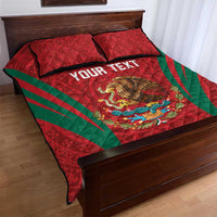Red quilt bed set with dark pillow covers, green stripes, and eagle graphic on 'YOUR TEXT'