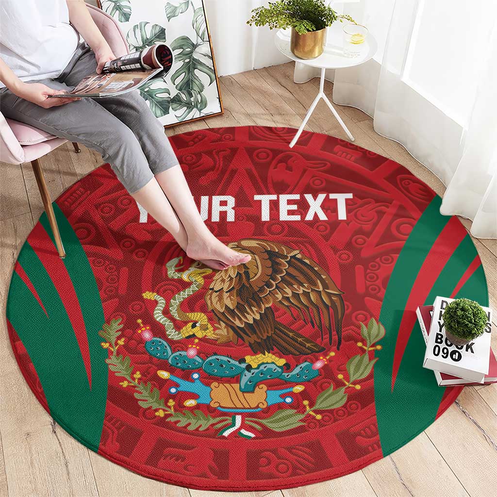 Round red rug with green striped aztec border, eagle and 'YOUR TEXT' center design.