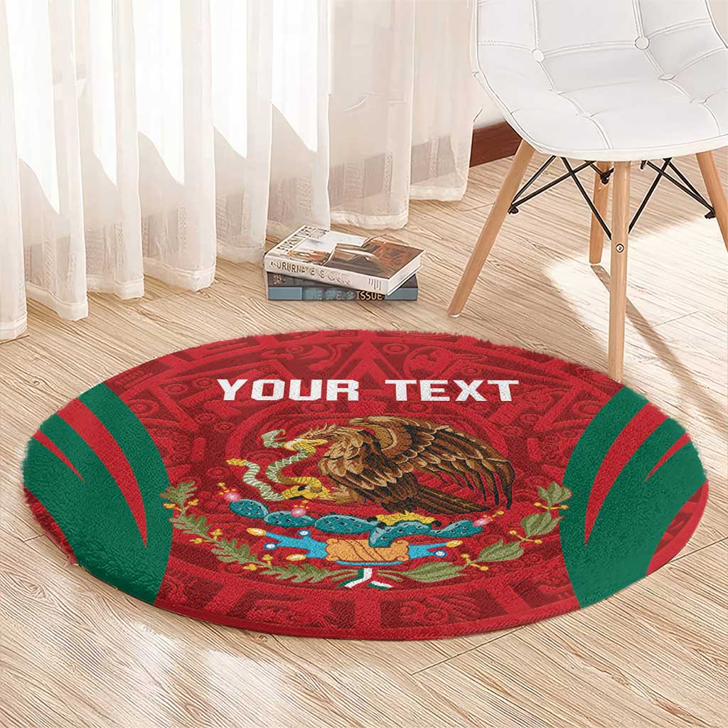 Round red rug with green aztec border, eagle artwork and 'YOUR TEXT' lettering.