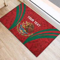 Red rubber doormat with Mexico emblem, green rays, and central 'YOUR TEXT'