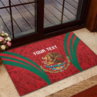 Red rubber doormat with green rays and Mexico coat of arms, 'YOUR TEXT' centered