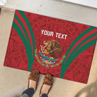 Red rubber doormat with green rays and 'YOUR TEXT' over Mexico coat of arms