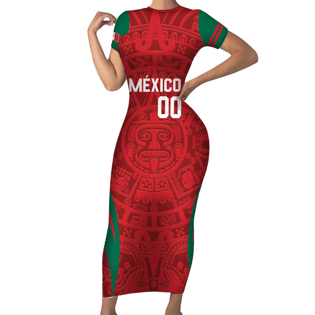 Custom Baseball Mexico 2024 Short Sleeve Bodycon Dress Aztec Calendar Pattern - Dynamic Style