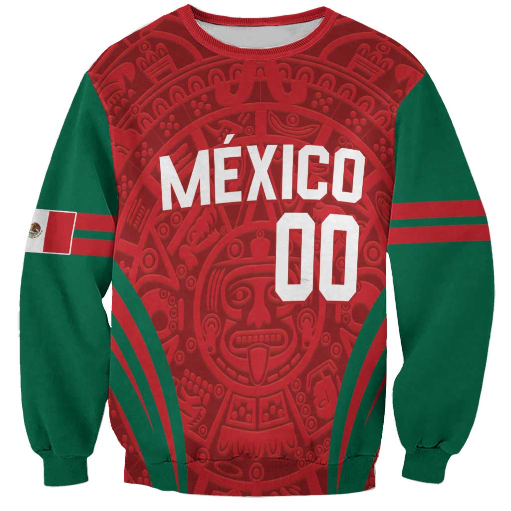 Unisex green sweatshirt with red Aztec pattern, Mexico text, and number 00 on front