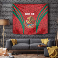 Red tapestry wall hanging with green rays, lion crest, and 'YOUR TEXT' centerpiece