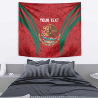 Red tapestry wall hanging with green rays and lion crest, 'YOUR TEXT' text in center