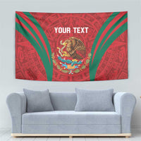 Red tapestry wall hanging with green rays and lion crest, 'YOUR TEXT' centerpiece