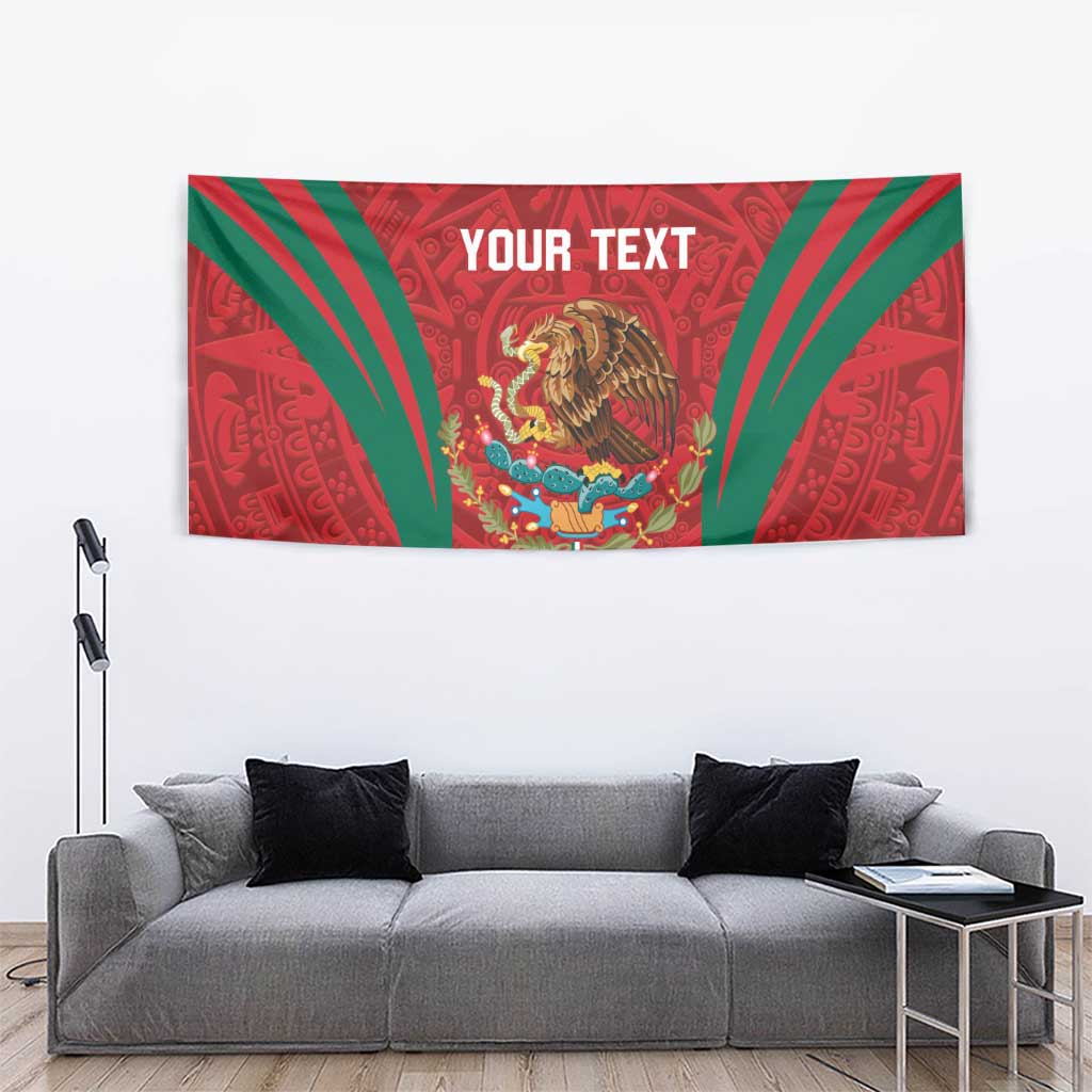 Red tapestry wall hanging with green diagonal rays, lion crest, and 'YOUR TEXT'
