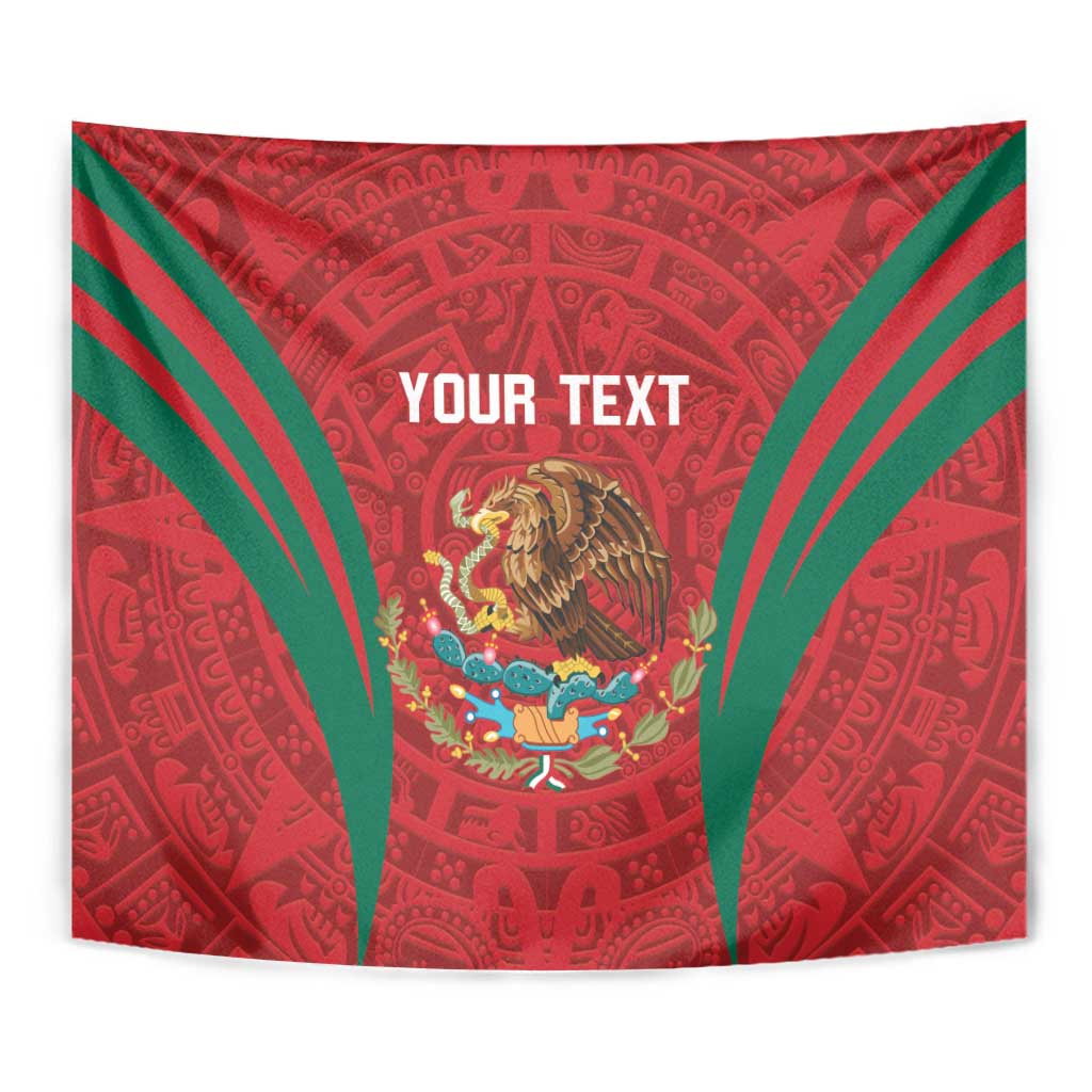 Red tapestry wall hanging close-up with green rays, lion crest, and 'YOUR TEXT'