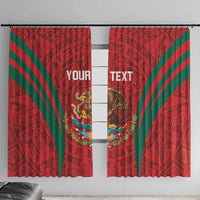 Red window curtain with green diagonal stripes and Aztec-style calendar pattern panels
