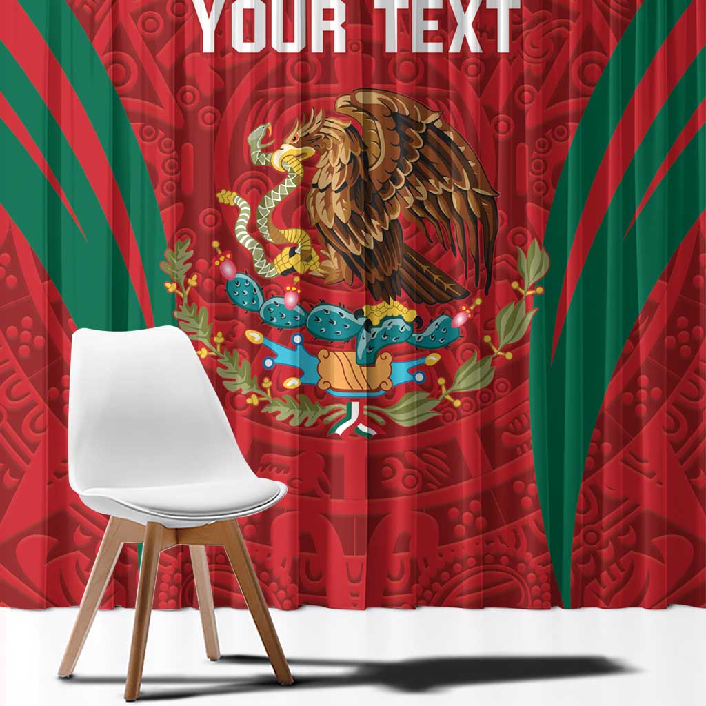 Red window curtain with green diagonal stripes and ornate eagle-lion calendar artwork