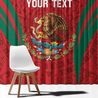 Red window curtain with green diagonal stripes and ornate eagle-lion calendar artwork