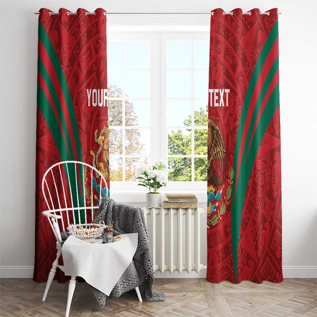 Red window curtain pair with green diagonal stripes and dragon-and-eagle calendar design