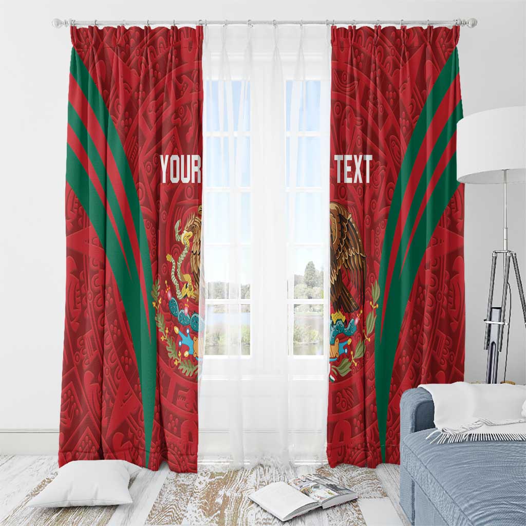 Red window curtain pair with green diagonal stripes, eagle-lion motif, and patterned design