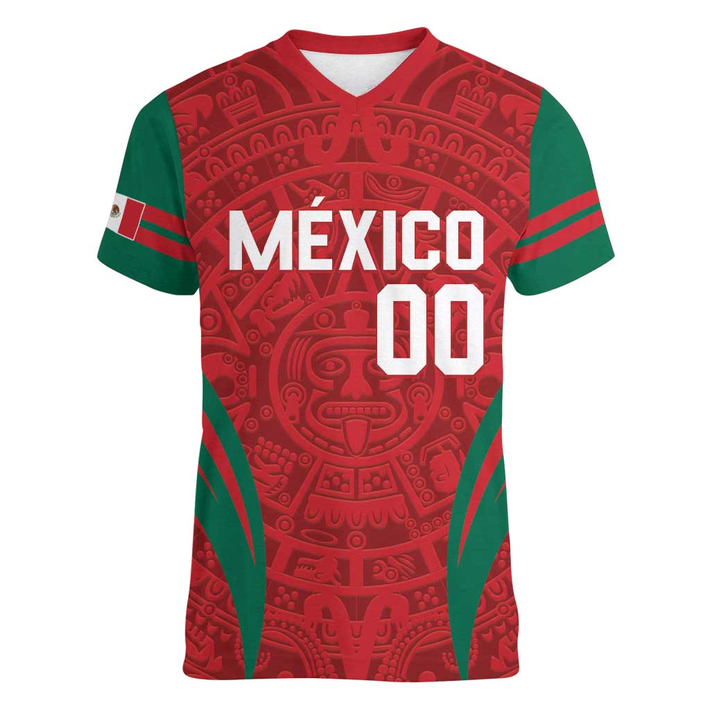 Custom Baseball Mexico 2024 Women V-Neck T-Shirt Aztec Calendar Pattern - Dynamic Style