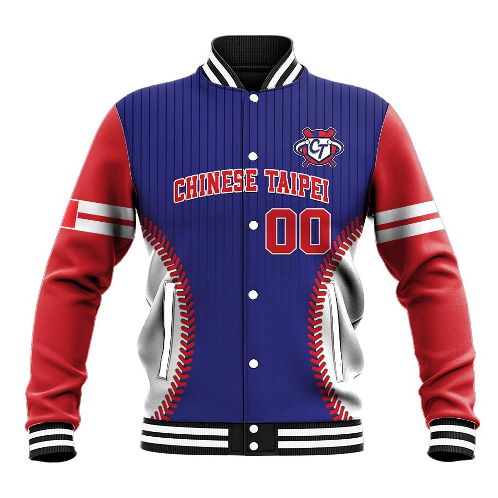 Blue and red varsity baseball jacket with ribbed collar, button front, CTP logo and 00