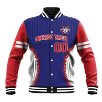 Blue and red varsity baseball jacket with ribbed collar, button front, CTP logo and 00