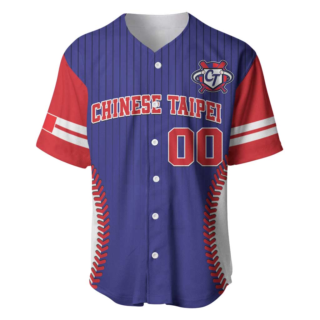 Blue baseball jersey with red piping, button front, Chinese Taipei lettering, CT logo