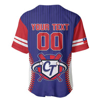 Blue baseball jersey back with 'YOUR TEXT', red 00, CT cap-and-bones logo
