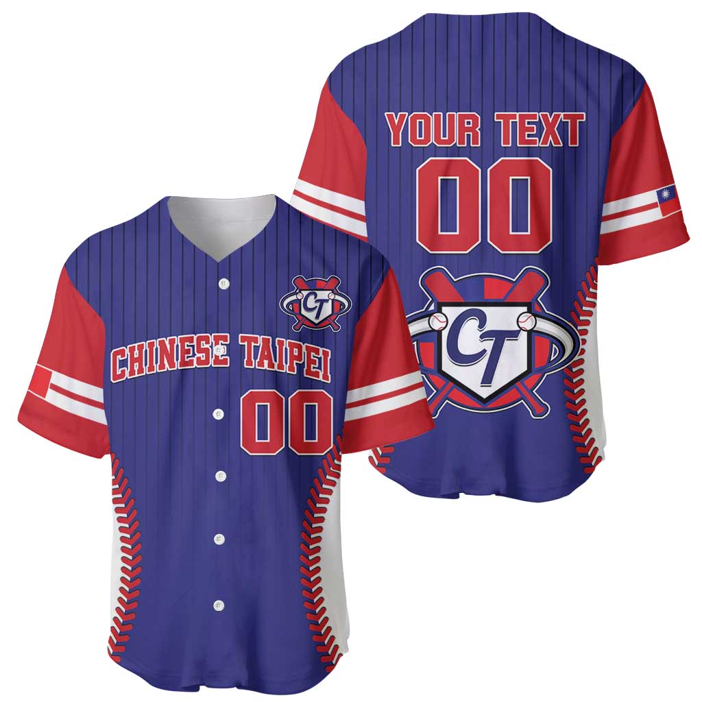 Blue baseball jersey set: front with Chinese Taipei text, back with 'YOUR TEXT' and CT logo