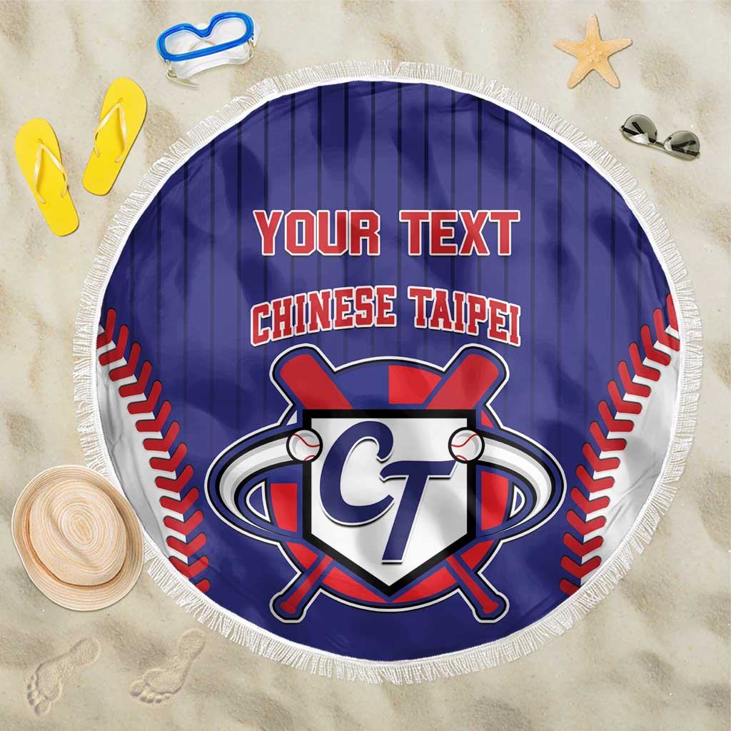 Chinese Taipei baseball beach blanket, round blue with white fringe and custom text logo