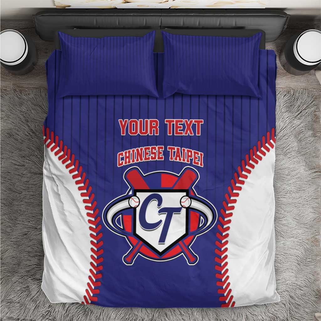 Blue and white bedding set with baseball-style Chinese Taipei graphic and logo.