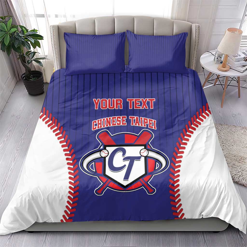 Blue bedding set with two pillowcases, featuring a baseball-style Chinese Taipei emblem.