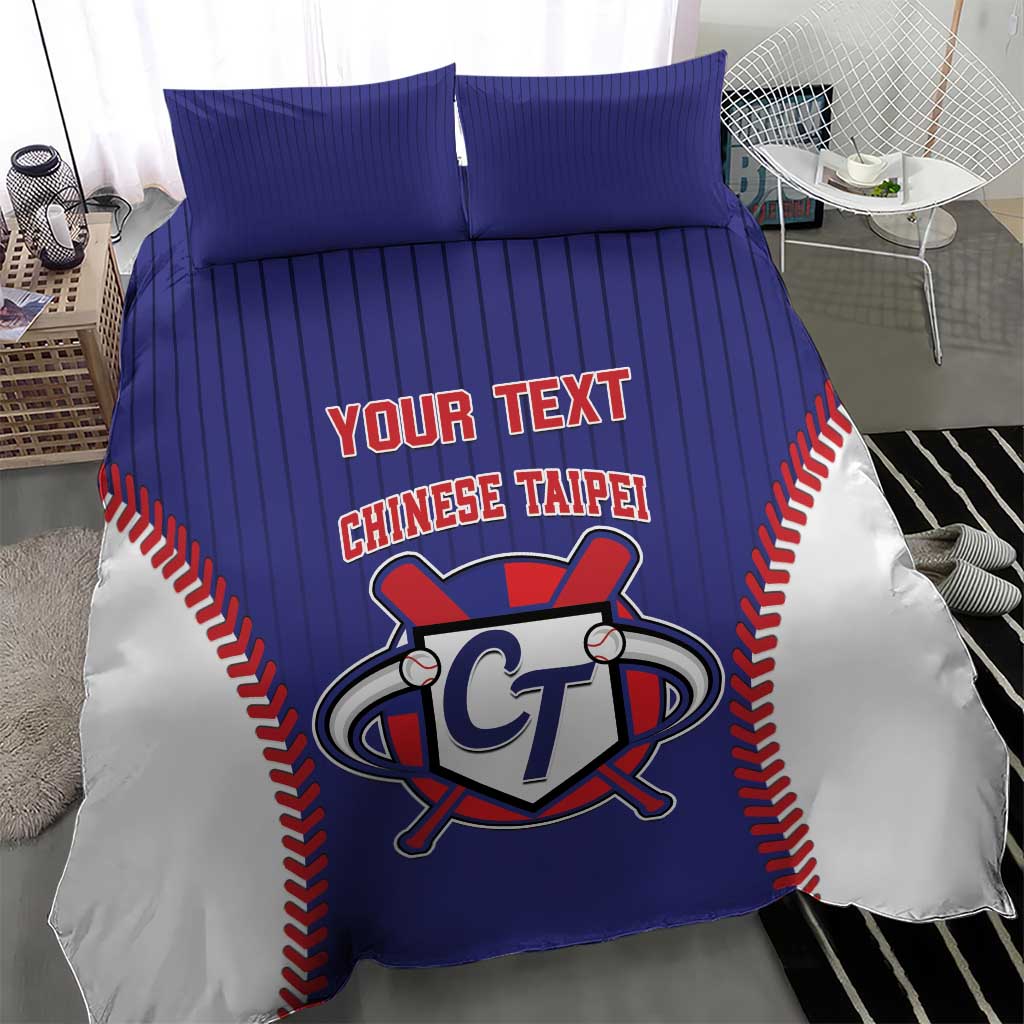 Blue duvet and pillows with baseball-style Chinese Taipei text and CT logo.
