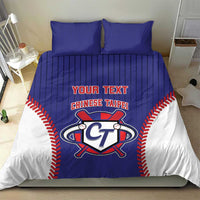Blue and white bedding set with baseball-style Chinese Taipei graphic on the duvet.