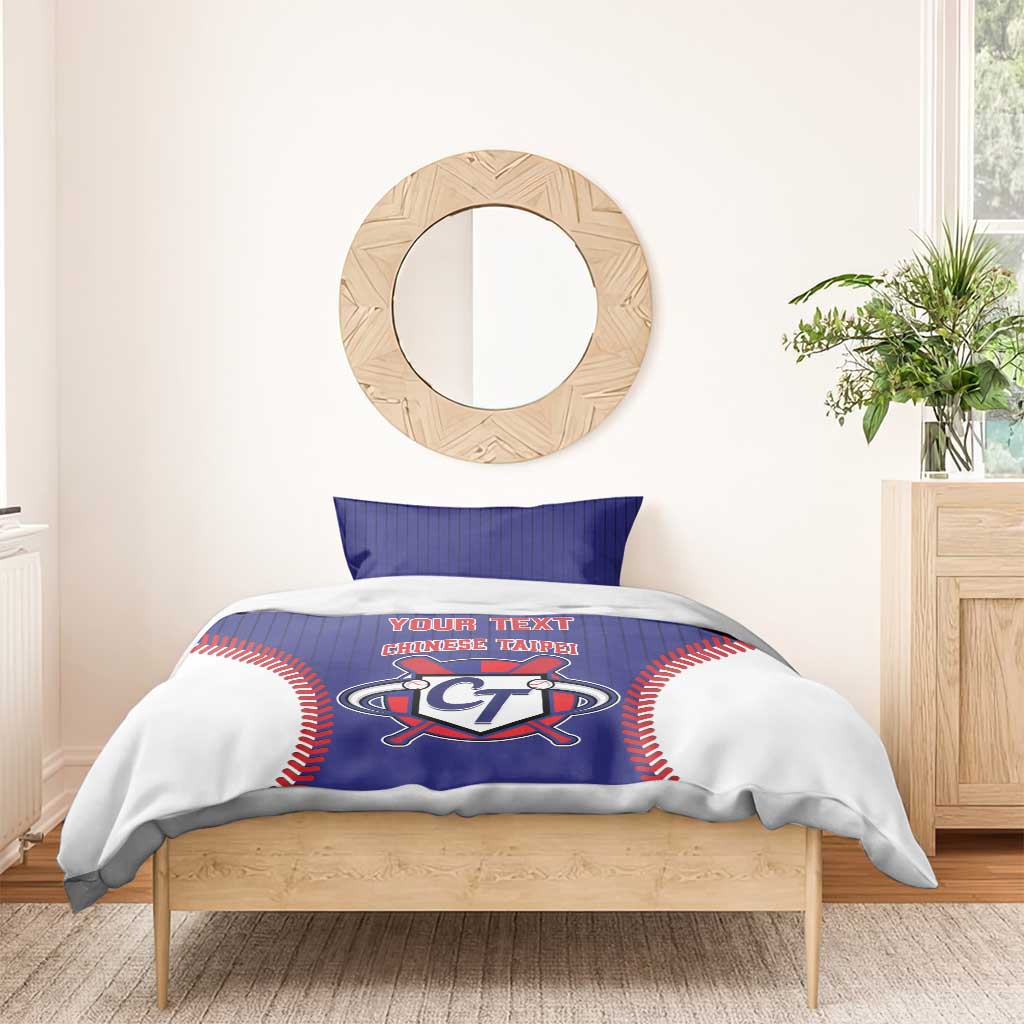 Blue and white duvet set with baseball-style Chinese Taipei logo and CT emblem.