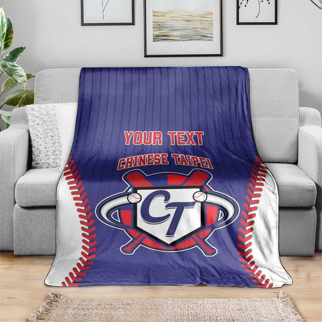 Blue baseball-style throw blanket with CT emblem, red trim, and 'YOUR TEXT'
