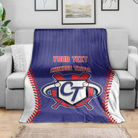 Blue baseball-style throw blanket with CT emblem, red trim, and 'YOUR TEXT'
