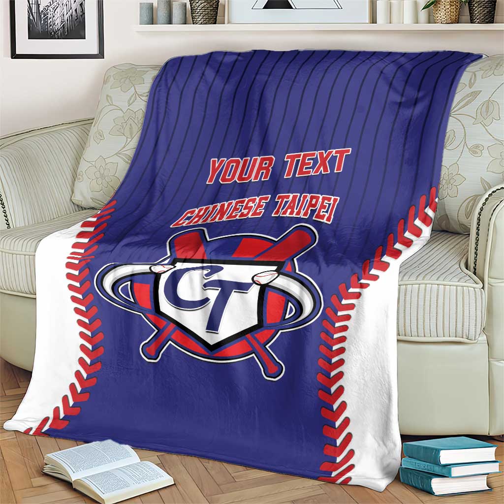 Blue baseball-style blanket with CT emblem, 'YOUR TEXT', and red-and-white trim