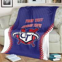 Blue baseball-style blanket with CT emblem, 'YOUR TEXT', and red-and-white trim