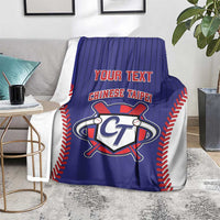Blue baseball-style blanket with CT emblem, red trim, and 'YOUR TEXT' panel