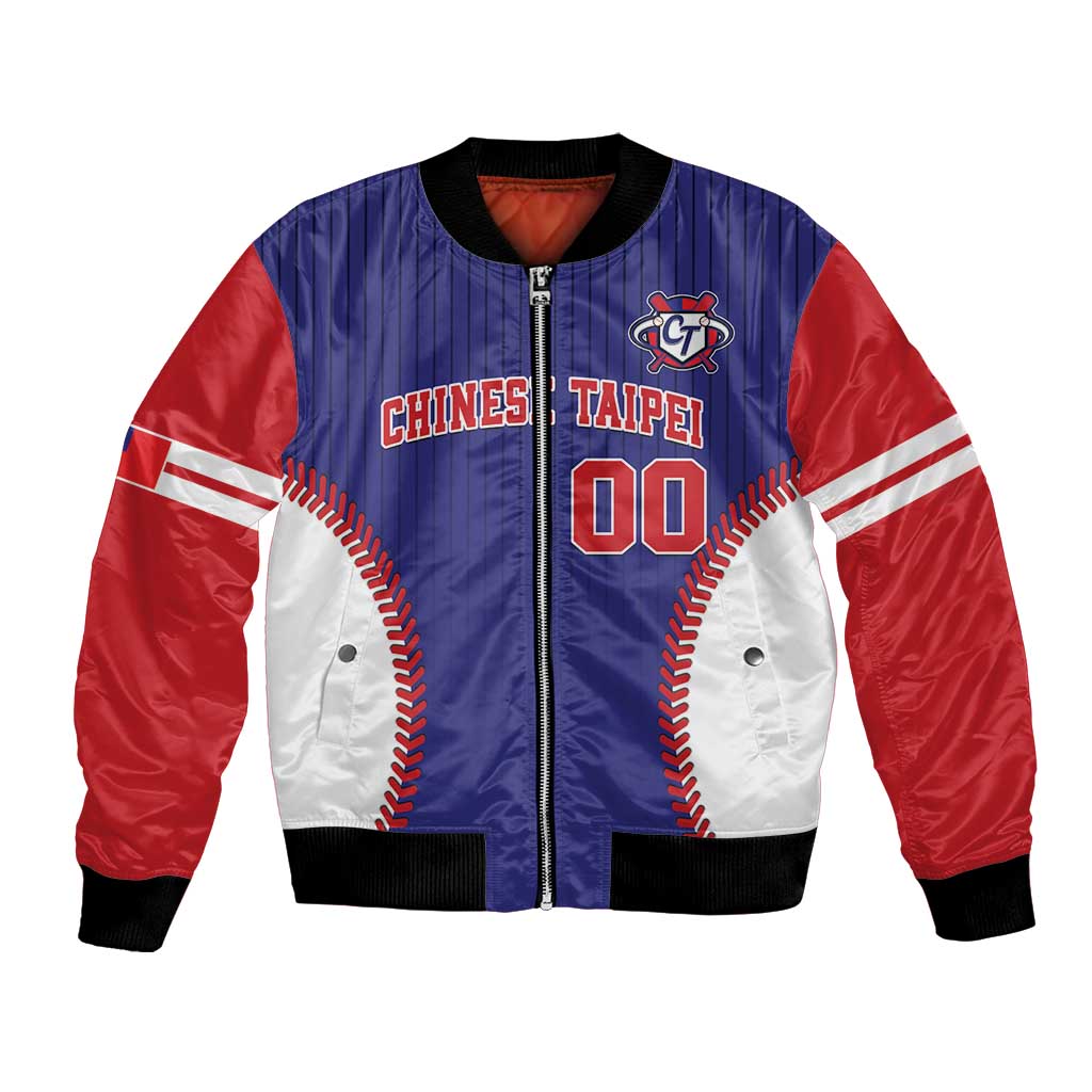 Unisex blue, red and white satin baseball bomber jacket with front Chinese Taipei text