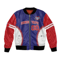 Unisex blue, red and white satin baseball bomber jacket with front Chinese Taipei text