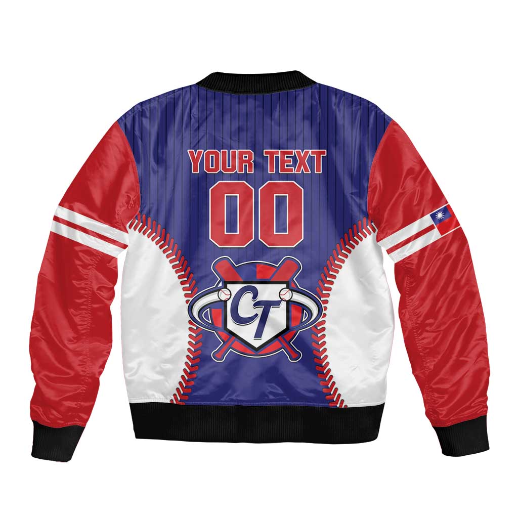 Unisex blue, red and white baseball bomber jacket with back Your Text 00 and CT logo