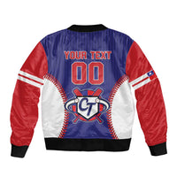 Unisex blue, red and white baseball bomber jacket with back Your Text 00 and CT logo