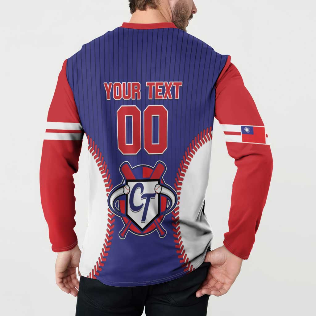 Men's blue baseball button sweatshirt back with 'YOUR TEXT' and crest logo