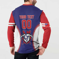 Men's blue baseball button sweatshirt back with 'YOUR TEXT' and crest logo
