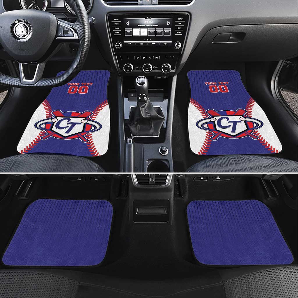 Blue baseball-style car floor mats with CT emblem, red/white stitching, blue base