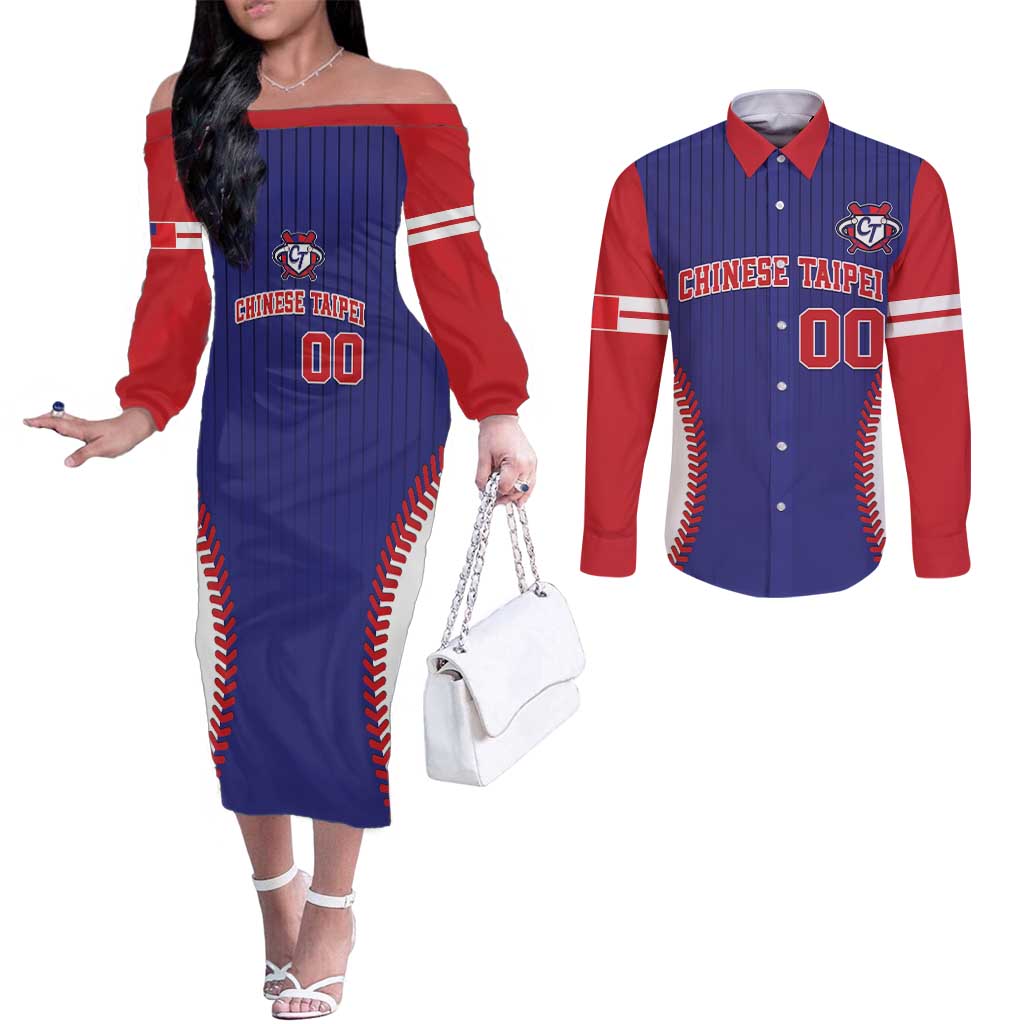 Custom Chinese Taipei Couples Matching Off The Shoulder Long Sleeve Dress and Long Sleeve Button Shirt Go Taiwanese - Baseball Style