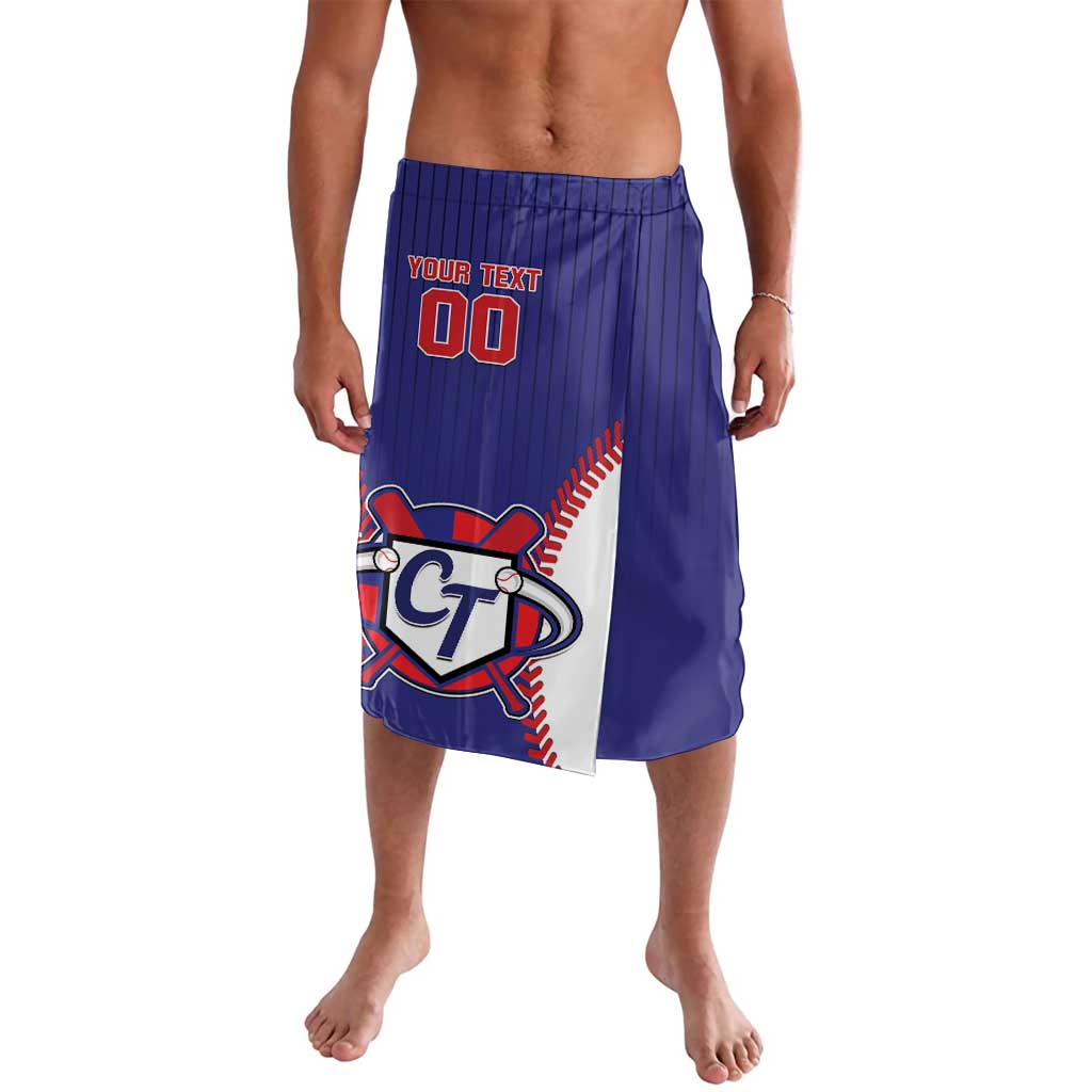 Blue baseball-style athletic shorts with elastic waistband, drawstring, front graphic panel