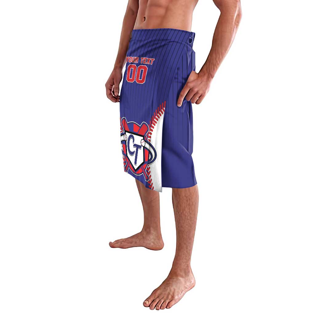 Blue baseball-style athletic shorts with elastic waistband and large front CT graphic