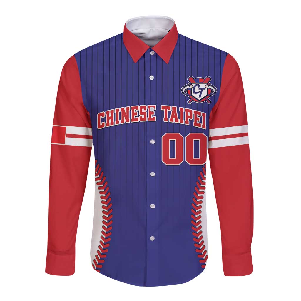 Blue and red long-sleeve button baseball shirt, Chinese Taipei graphic, number 00