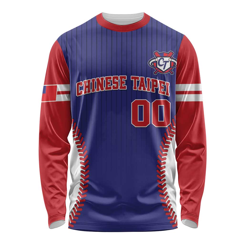 Long sleeve baseball-style shirt, blue pinstripe body, red sleeves, front team graphic