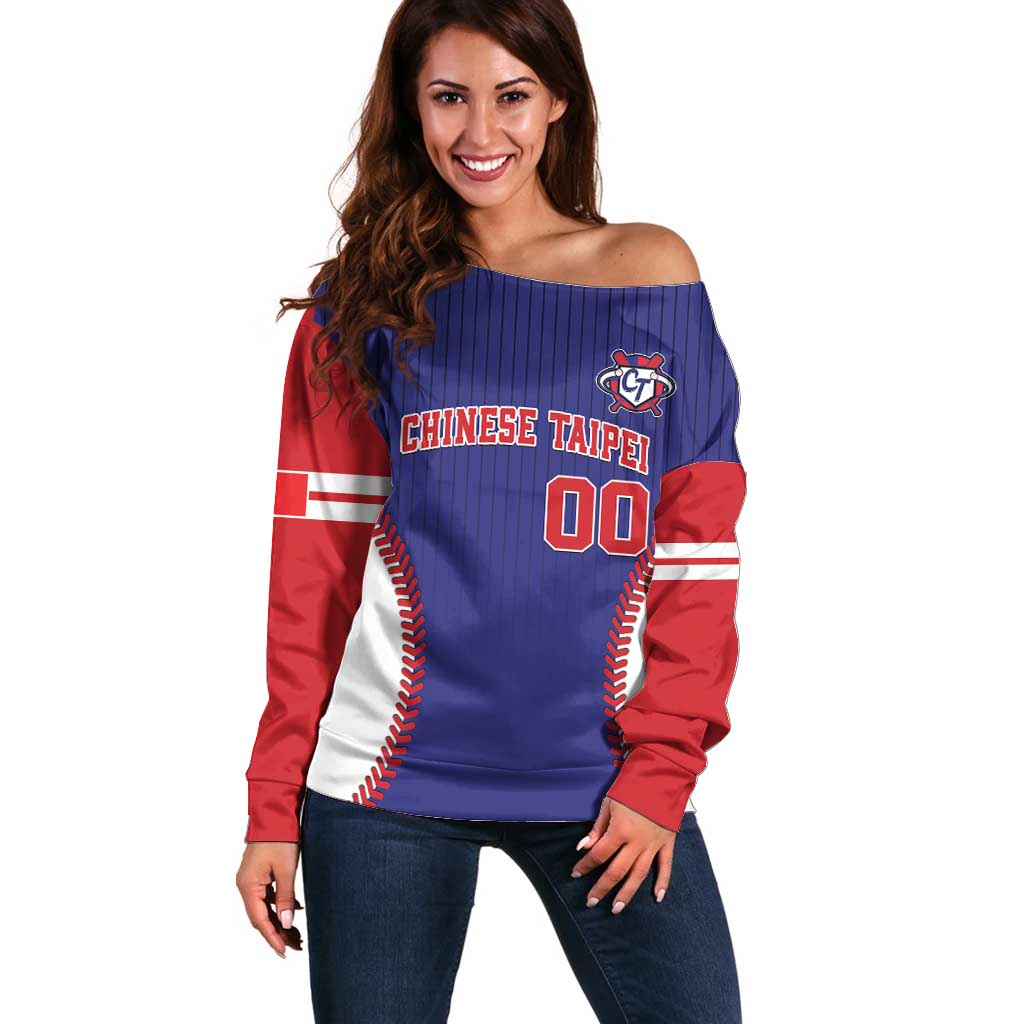 Women’s off-shoulder baseball sweater, blue with red/white sleeves and '00' front graphic