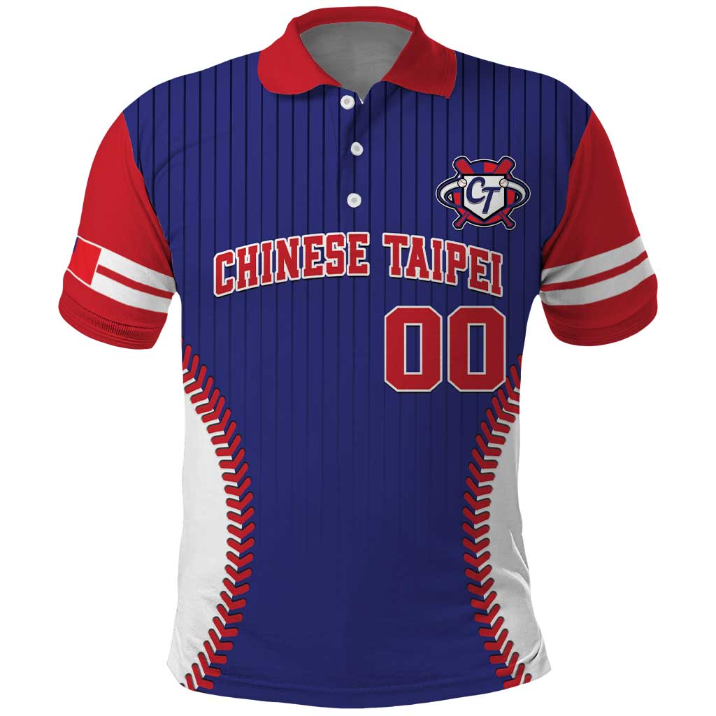 Baseball-style polo shirt, blue with red/white sleeves and Chinese Taipei graphic